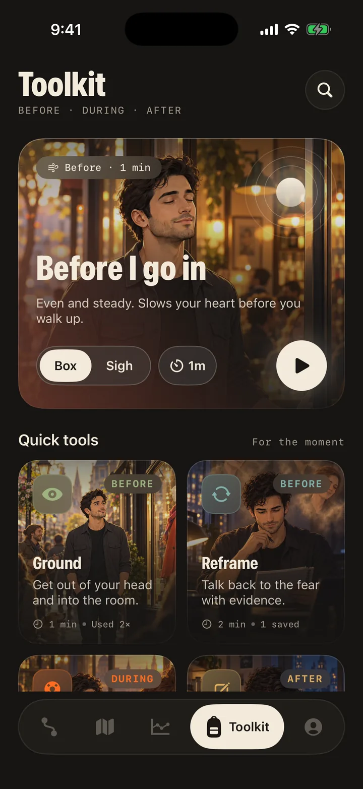 Outward's Toolkit tab with tools for before, during and after a conversation.